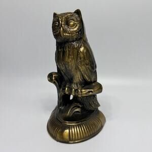 Gold Vintage Brass Owl on Branch Bookend 1974 SCC Cast Metal MCM Figurine 8"